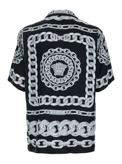 Versace Black And White Bowling Shirt With Cuban Collar And All-over Chain-link Print In Silk Man