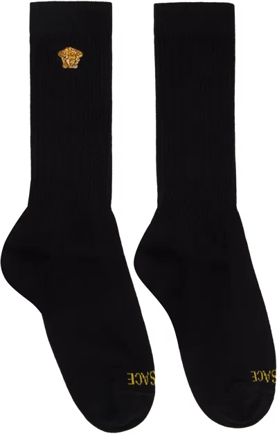 VERSACE BLACK & WHITE EMBROIDERED MEDUSA RIBBED SOCKS