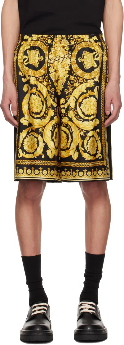 VERSACE BLACK & YELLOW BAROCCO SILK SHORTS