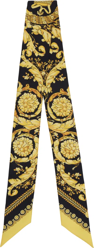 Versace Black & Yellow Barocco Silk Tie Scarf In 5b000-black+gold