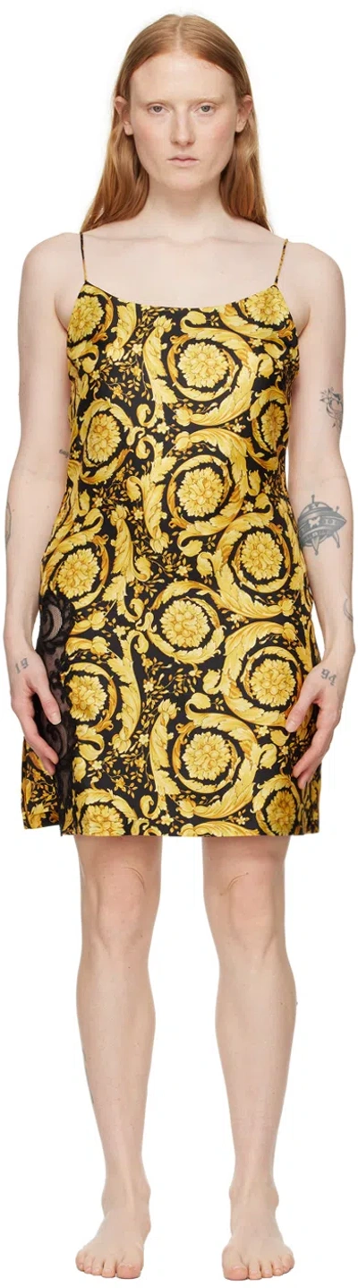 Versace Black & Yellow Barocco Slip Dress In 5b000-black+gold