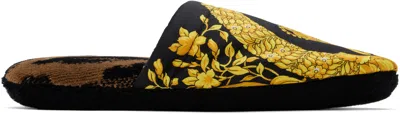 Versace Black & Yellow 'i Heart Baroque' Slippers In 5n440-chestnut+gold