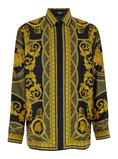 Versace Black And Yellow Shirt With Barocco Print In Silk Man