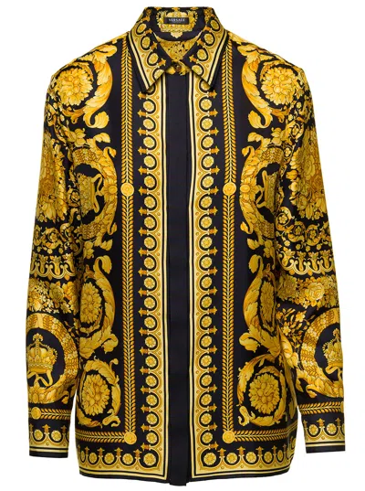 Versace Black And Yellow Shirt With Barocco Print In Silk Woman