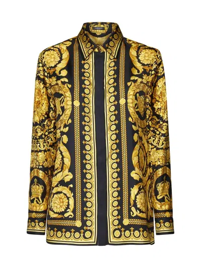 Versace Barocco-print Long-sleeve Shirt In Nero