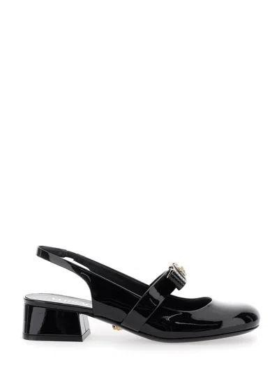 Versace Black Ballerina Shoes With Heel And Medusa Detail On The Front In Shiny Leather Woman