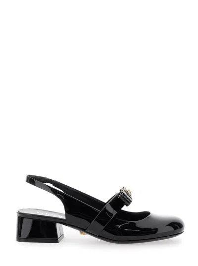 Versace Black Ballerina Shoes With Heel And Medusa Detail On The Front In Shiny Leather Woman