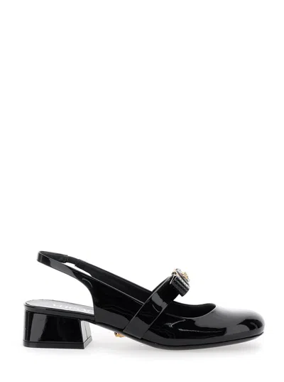 VERSACE VERSACE BLACK BALLERINA SHOES WITH HEEL AND MEDUSA DETAIL ON THE FRONT IN SHINY LEATHER WOMAN