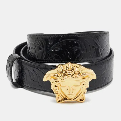 Pre-owned Versace Black Barocco Embossed Leather Medusa Buckle Belt 90cm
