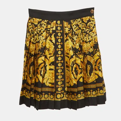 Pre-owned Versace Black Barocco Print Silk Pleated Mini Skirt Xs