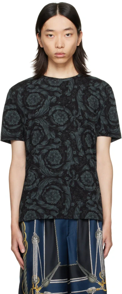 Versace Barocco Print Crewneck Undershirt In Black+grey