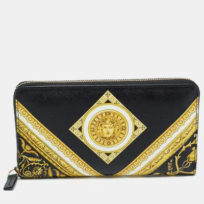 Pre-owned Versace Black Baroque Print Leather La Medusa Zip Around Wallet
