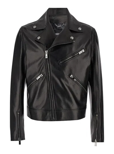 Versace Black Biker Jacket With Zipped Pockets In Smooth Leather Man