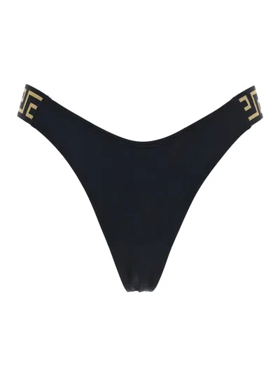 Versace Black Bikini Bottoms With Greca Motif Detail And High Cut In Tech Fabric Stretch Woman