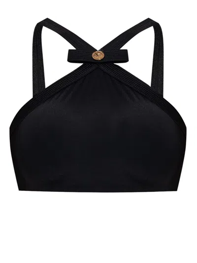 Versace Black Bikini Top With Bow And Gold Logo Plaque