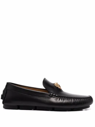 Versace Logo Plaque Leather Loafers In Black