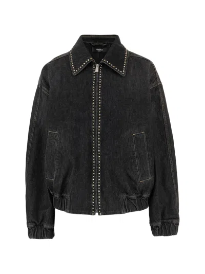 VERSACE BLACK BLOUSON DENIM STUDDED RELAXED JACKET