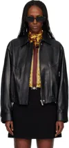 Versace Leather Jacket Collared Neck Button Cuffs Hem In Black