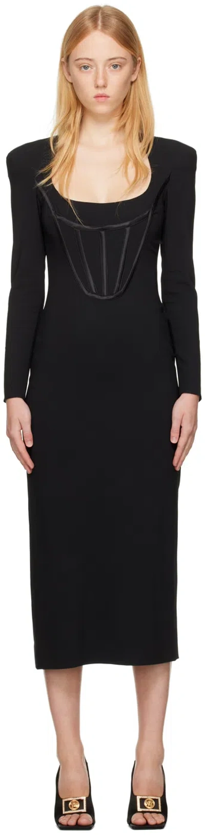 Versace Corset Detail Long Sleeve Jersey Midi Dress In Black