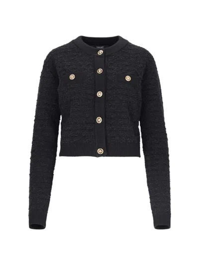 VERSACE VERSACE BLACK BOUCLÉ TWEED CROP CARDIGAN – BLACK