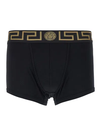 VERSACE BLACK BOXER BRIEFS WITH GRECA AND MEDUSA DETAIL IN STRETCH COTTON MAN