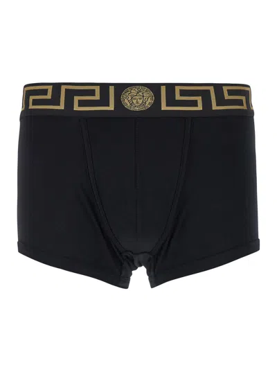 Versace Black Boxer Briefs With Greca And Medusa Detail In Stretch Cotton Man