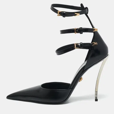 Pre-owned Versace Black Brushed Leather Pin-point Ankle Strap Pumps Size 39