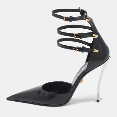 Pre-owned Versace Black Brushed Leather Pin-point Pumps Size 41
