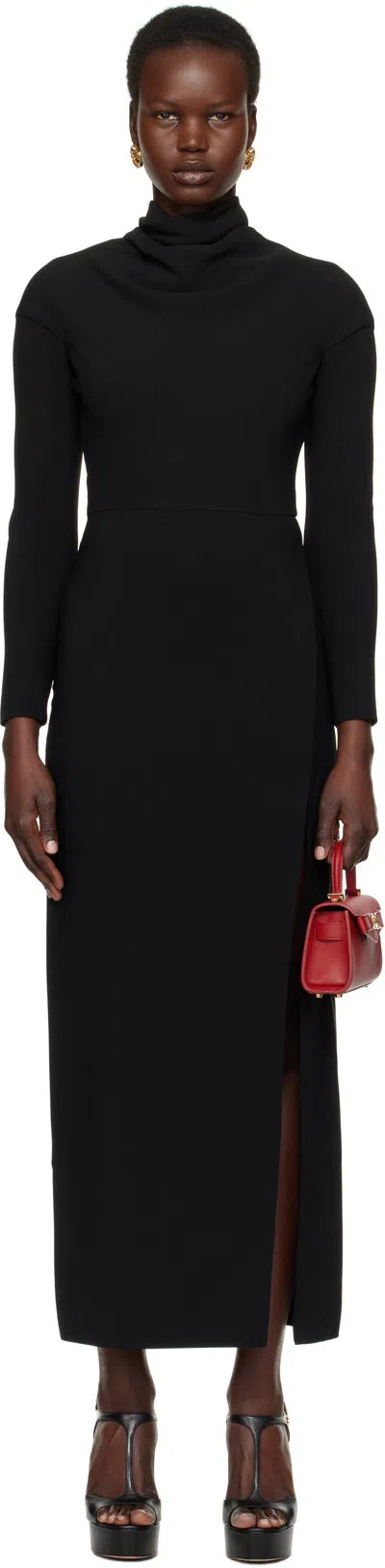 Versace Black Cady Draped-neck Slit Maxi Dress In 1b000 Black