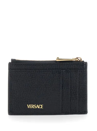 Versace Black Card Holder With Logo Plaque On The Front And Logo Lettering On The Rear In Leather Man