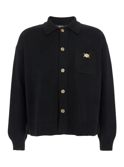 Versace Black Cardigan With Classic Collar And Logo Plaque On The Front In Cashmere And Cotton Blend