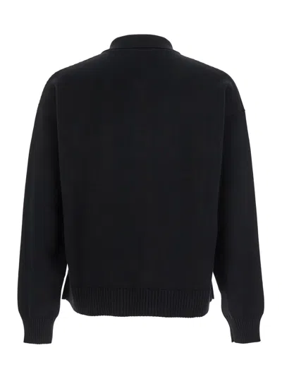 Versace Black Cardigan With Classic Collar And Logo Plaque On The Front In Cashmere And Cotton Blend Woman