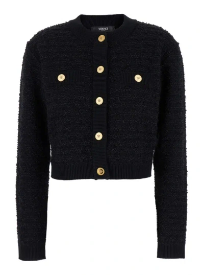 Versace Black Cardigan With Jewel Buttons In Tweed