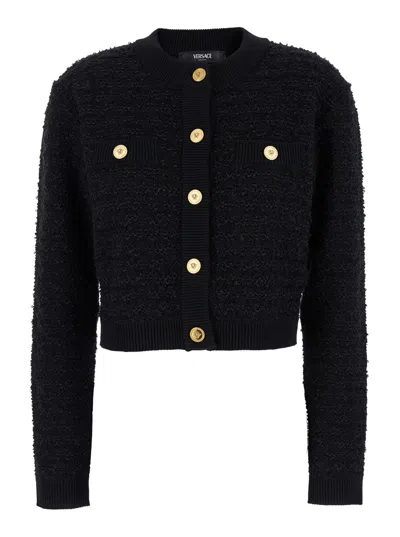 Versace Black Cardigan With Jewel Buttons In Tweed Woman