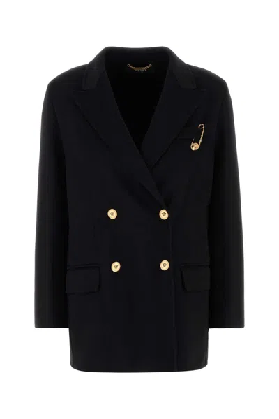 Versace Double-breasted Coat In Cashmere Blend In Blue