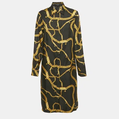 Pre-owned Versace Black Chain Print Silk Shirt Dress L