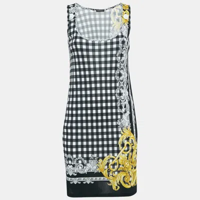 Pre-owned Versace Black Checks And Barocco Print Jersey Bodycon Dress Xs