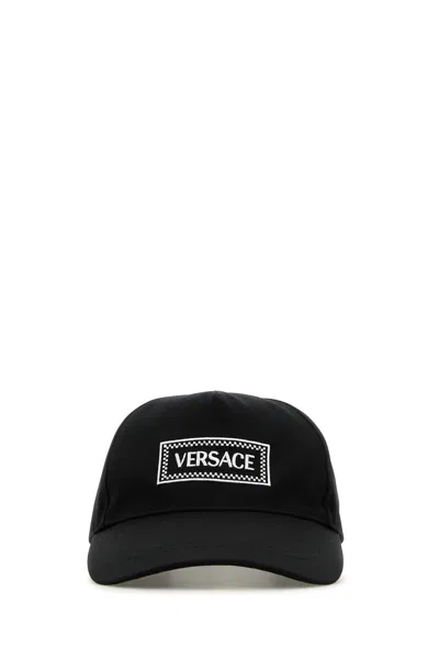 Versace Logo-embroidered Cotton Cap In Black