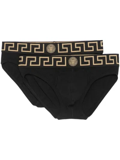 VERSACE VERSACE BLACK COTTON BRIEFS SET OF TWO WITH GRECA PATTERN