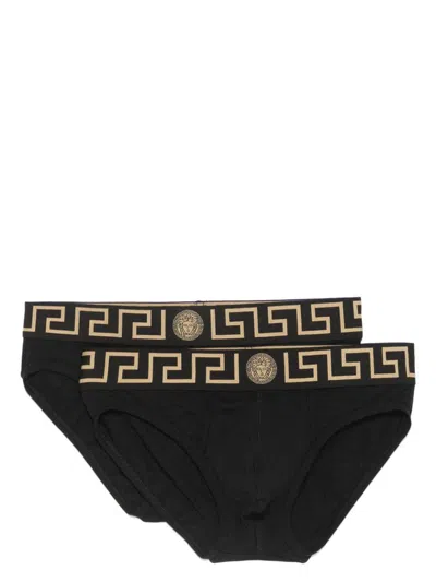 Versace Black Cotton Briefs Set Of Two With Greca Pattern In Nero E Oro