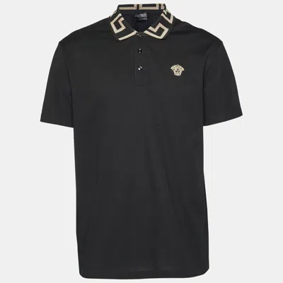Pre-owned Versace Black Cotton Pique Greca Collar T-shirt Xxl
