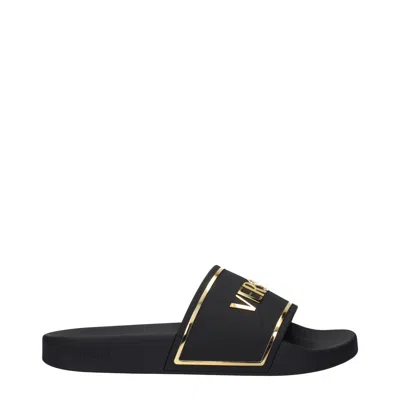 Versace Black Cotton Slippers Sandals In Multi
