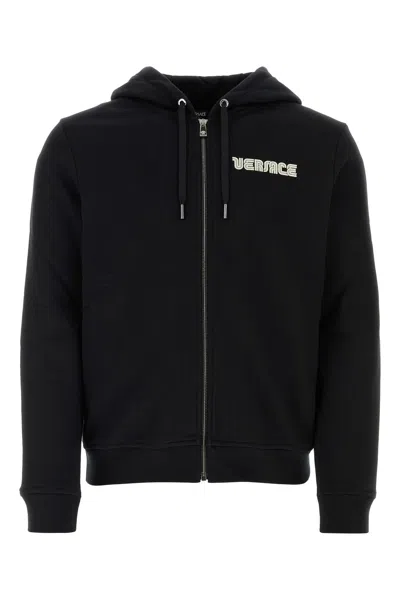 Versace Crystal-embellished Logo Zip-up Hoodie In Black