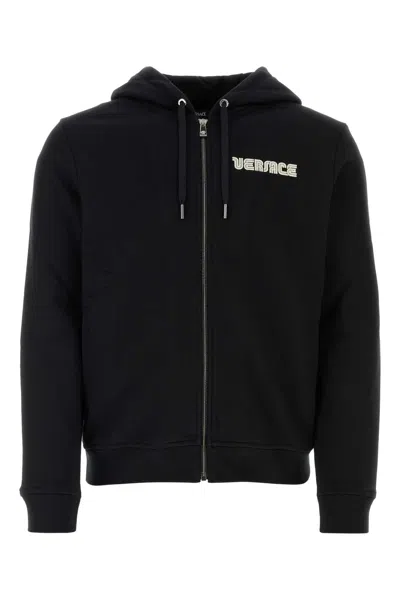 Versace Crystal-embellished Logo Zip-up Hoodie In Black