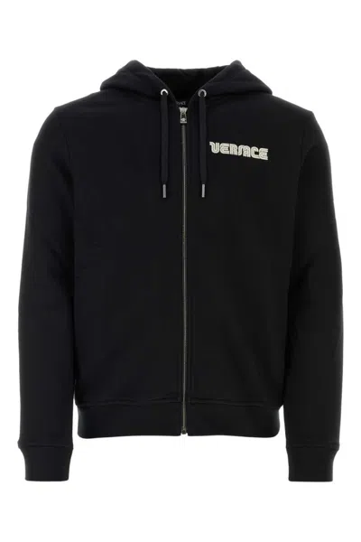 Versace Crystal-embellished Logo Zip-up Hoodie In Black