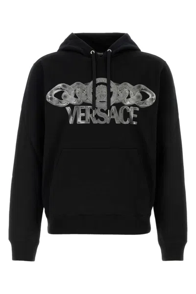 Versace Intricate Logo Print Sweatshirt With Kangaroo Pocket In Black