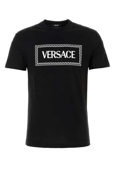 Versace Black Crewneck T-shirt With Contrasting Logo Lettering Print In Cotton