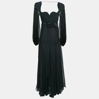 Pre-owned Versace Black Crepe And Silk Rhinestone Belted Maxi Dress S
