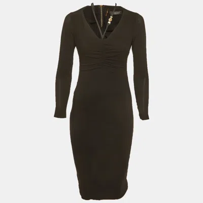 Versace Black Crepe Medusa Detail Ruche Midi Dress In Green