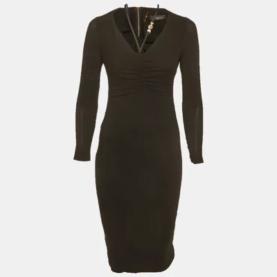 Pre-owned Versace Black Crepe Medusa Detail Ruche Midi Dress S